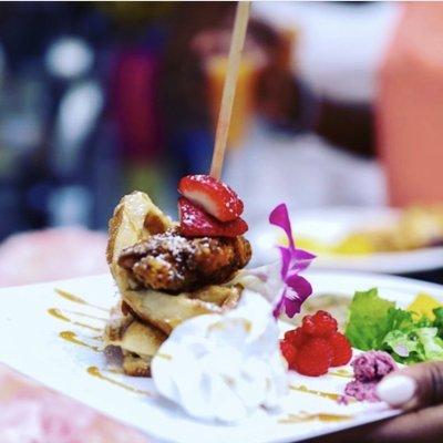 Chicken and Waffles with strawberries and strawberry butter