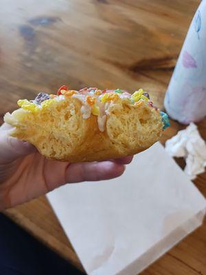 Fruity pebbles donut-- not sweet and the dough was the most amazing light and airy not greasy donut I have ever eaten. Not a bit dry!!