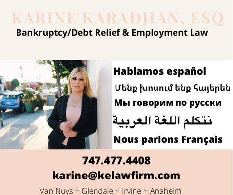 Bankruptcy attorney and employment attorney Karine Karadjian and her staff can assist you in Armenian, Arabic, French, Spanish, and Russian.