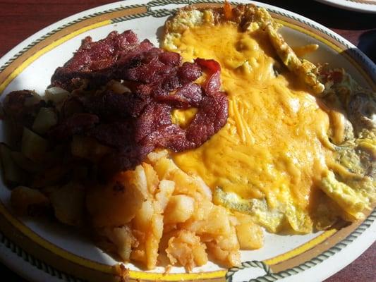 Jalapeno, cheese omlette with beef bacon - meh