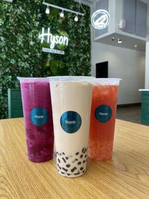 Dragon fruit, original milk tea, strawberry peach