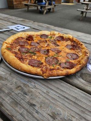 Pepperoni pizza- crust is crunchy and chewy, holds up well to the cheese, sauce and pepperonis.