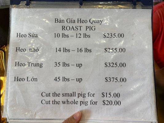 Whole roasted pig pricing as of 10.2022