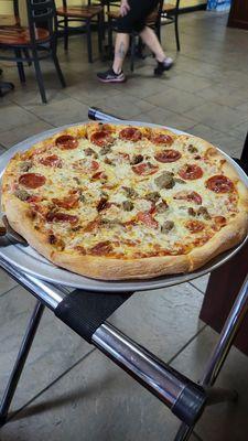 Pepperoni and meatball pizza.