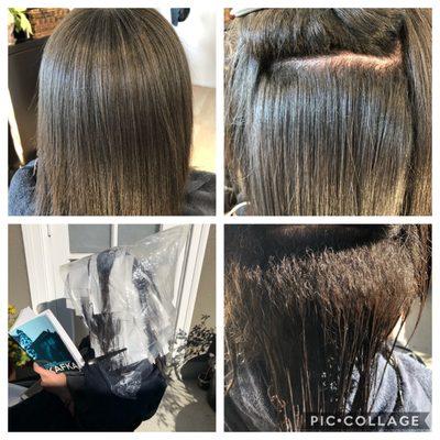 Before and after, root touch up. Japanese hair Straightening using Liscio, Yuko, and Bio Ionic products