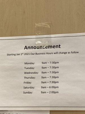 New hours as of 1.2.2021