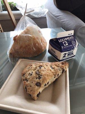 Awesome chocolate chip scone and three-cheese bread!