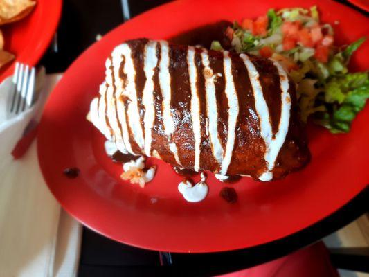 Chicken Burrito with Mole sauce.