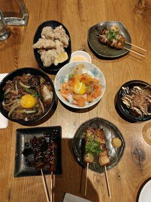 From left to right - Chicken garage, pork belly, beef bowl, salmon bowl, ribeye cap, pork jowl