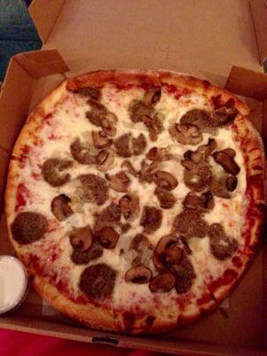 Custom pizza w/ meatballs extra cheese mushrooms and onions