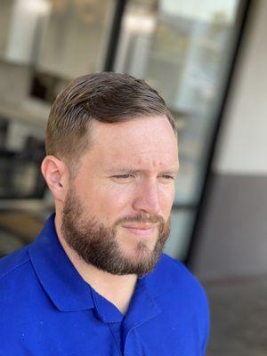 A nice conservative cut and beard line up and shape up