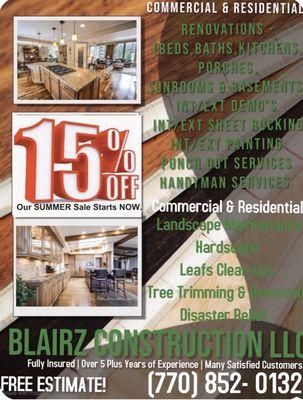 BLAIRZ Construction Summer SALE On our Renovation and Landscaping Services for New Clients.