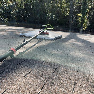 Skylight cleaning with water-fed (pure water) system.