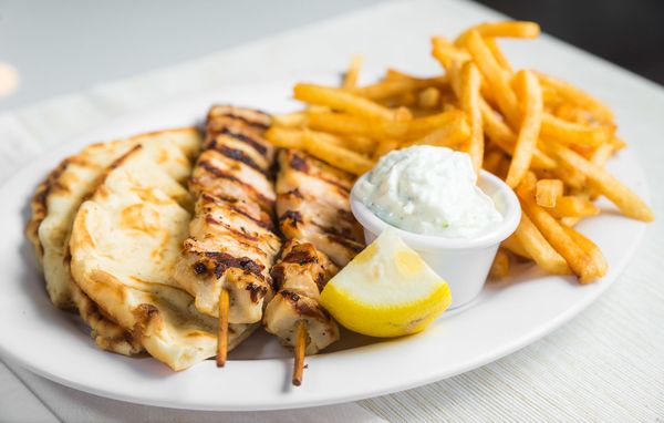 Chicken Souvlaki Sticks with French Fries