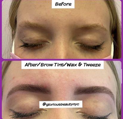 Before and after a brow tint and shaping