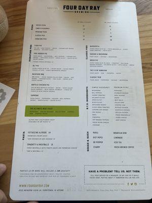 Pizza menu