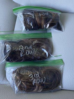 11/22- hair that was removed from Karissa Each baggie contains 3 wefts- should be a minimum of 4.