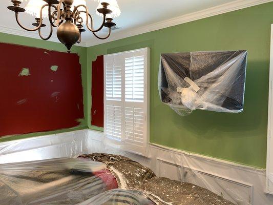 From red to bright green, plastic covering wainscoting and TV.