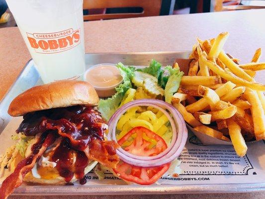 Carolina Burger with fries and a drink. $10.69