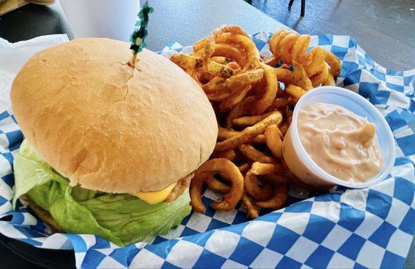 Tasty chicken sandwich and seasoned curly fries