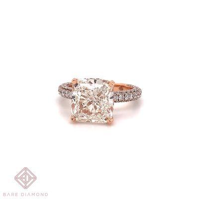 5.07ct Square Radiant in 14k rose gold and three sided pave diamond mounting