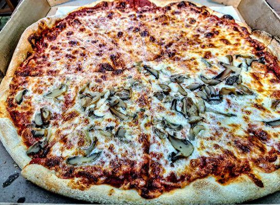 Large half mushroom pizza.