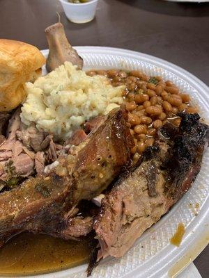 Ribs, brisket, beans and potatoe salad. Yummy