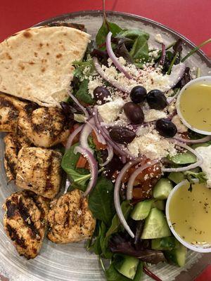 Greek Salad with chicken kabobs