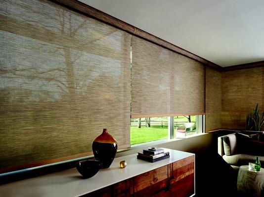 Outside mount designer screen shades with Powerview Motorization. Hunter Douglas