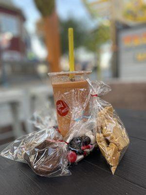 Thai tea, assortment of chocolates.