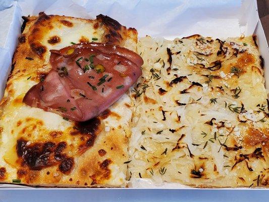 Left: mortadella Right: sweet onions, pecorino, thyme