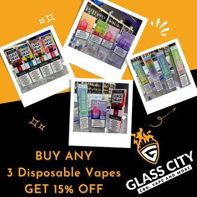 Buy ANY 3 Disposable Vapes and get 15% OFF your ENTIRE PURCHASE!!!