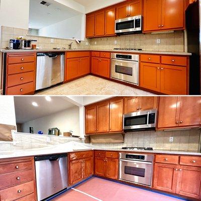 Before and after painting of cabinets