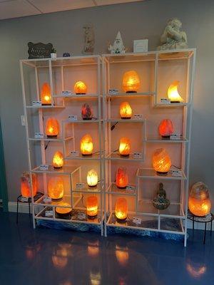 Salt rock lamps in lounge area