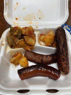 Smoked sausage, chicken sausage, potatoes