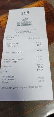 Not too shabby for a good old-fashionedr rolled up  log of steak LOL. Buck 55 15% off with Yelp check in