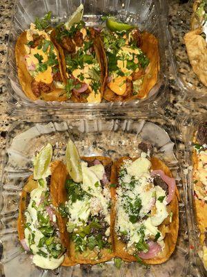 Takeout: (top) Bang Bang Shrimp Tacos and (bottom) Steak Al Pastor Tacos