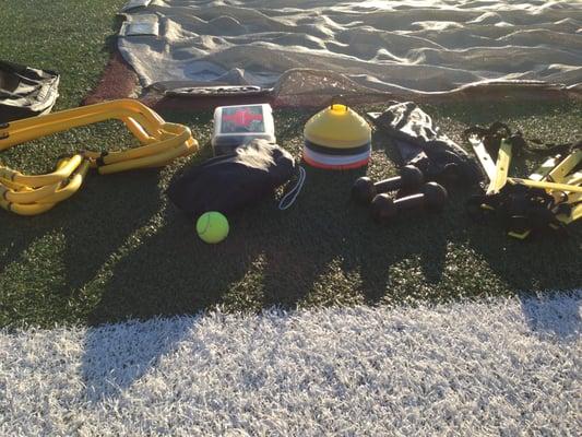 just some of the equipment we use. Agility ladder, Speed Hurdles, cones, medicine balls, resistance bands, etc.