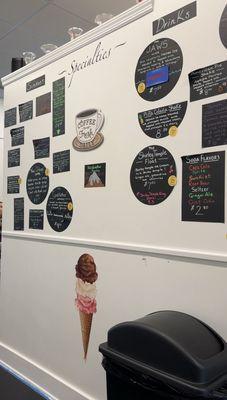 Wall of specialty dessert options at Tabitha's ice cream parlor in Fairfield