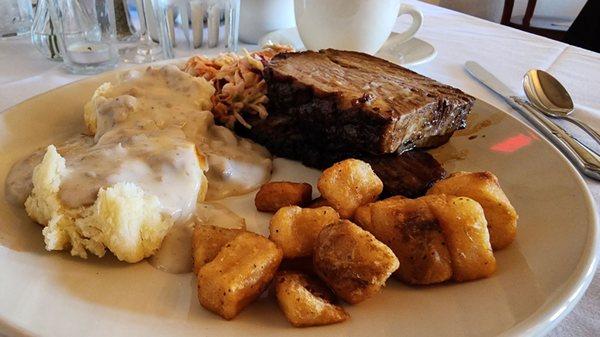 Brisket, Biscuits and Sausage Gravy, Siracha Cole Slaw and some fired potatoes.