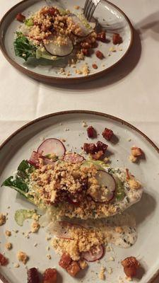 Wedge salad with ramp ranch, bacon, radish