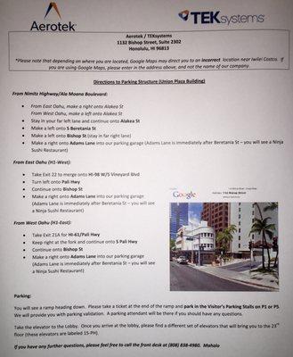 Directions and parking instructions to Aerotek Honolulu office