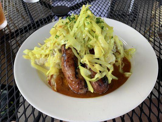 Bangers & mash with turmeric cabbage