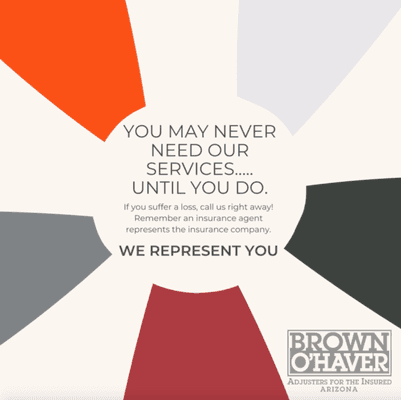 Orange, red, gray & black circular graphic inviting clients that had a fire, water, storm damage loss insurance claim to call Brown-O'Haver