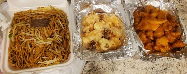 House chow mein, honey walnut prawns, orange chicken.