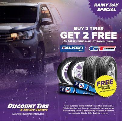 Rainy Day Special! Free Inspection. Free Windshield Wipers w 4 Tire Purchase!