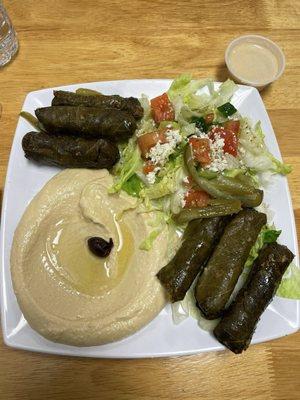 Dolma platter with tahini and hummus