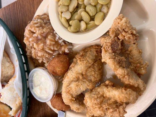 Catfish lunch special with butter beans, rice and gravy