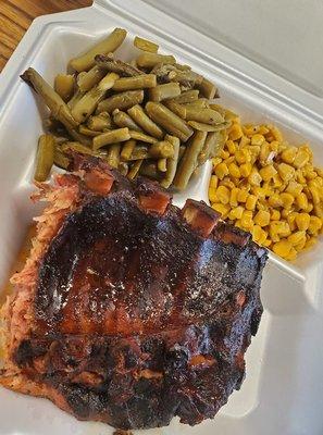 Ribs, Seasoned Smoked Green Beans and Seasoned Smoked Corn