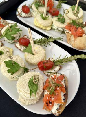 Yea party: cucumber sandwich, egg sandwich, goat cheese and blistered tomato on rye & lox salmon with dill cheese on sourdough